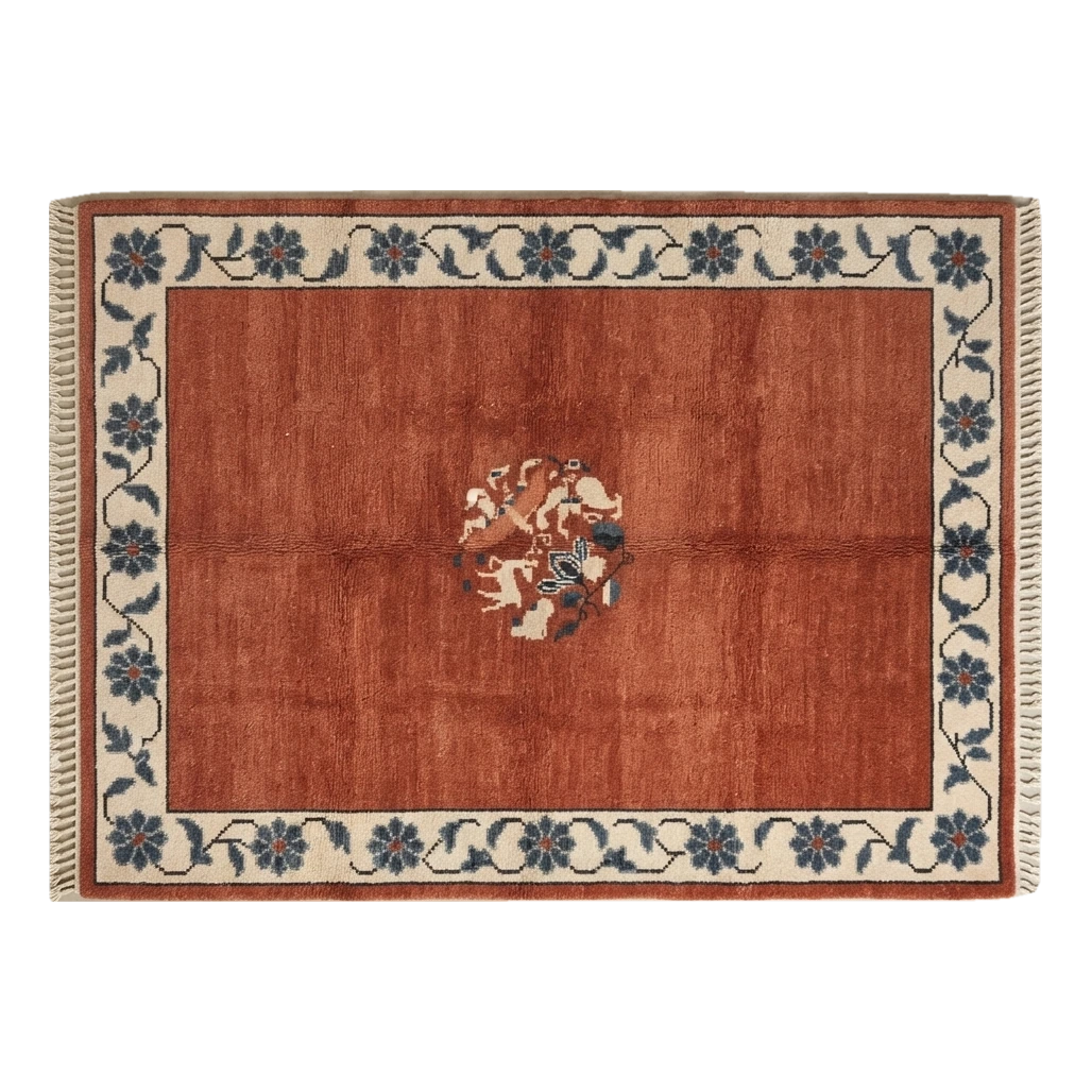 Rust Hand-Knotted Rug with Ivory Floral Vine Border and Roundel - alternate view