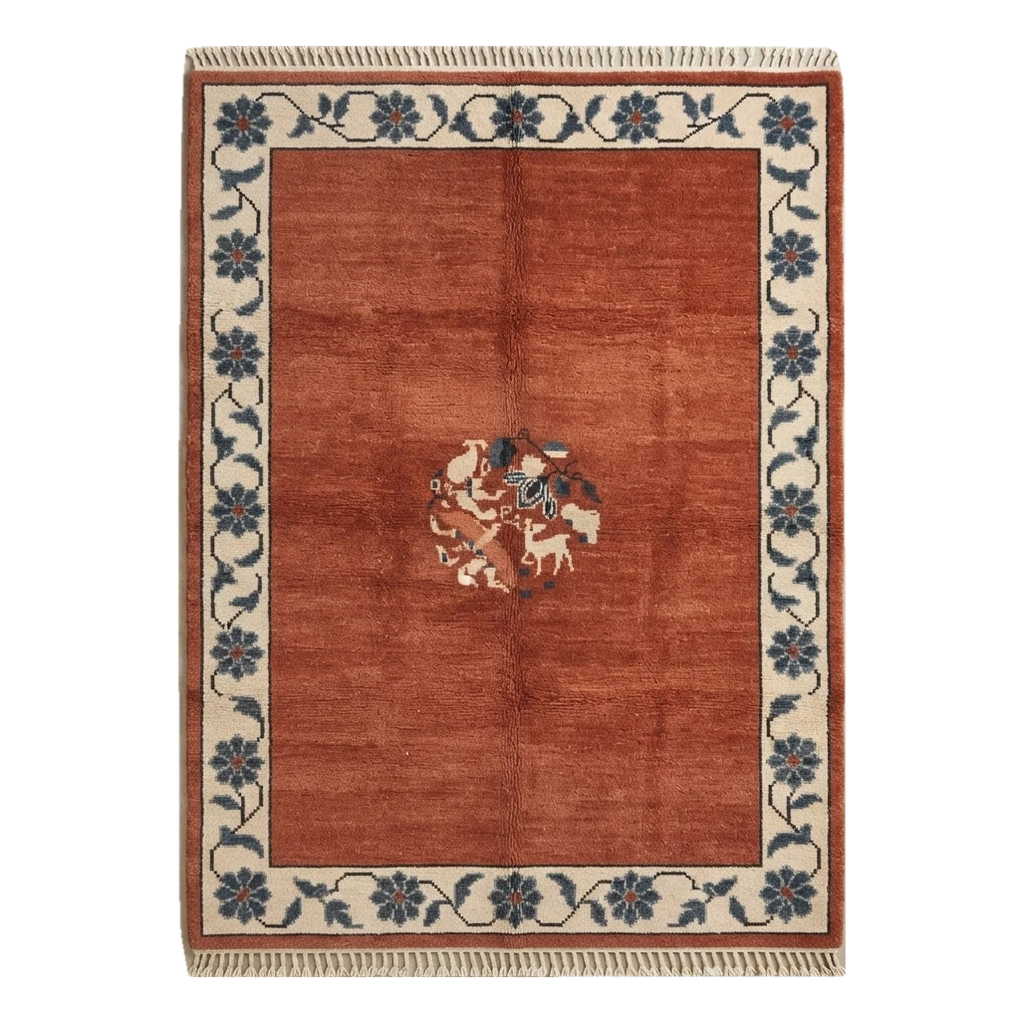 Rust Hand-Knotted Rug with Ivory Floral Vine Border and Roundel