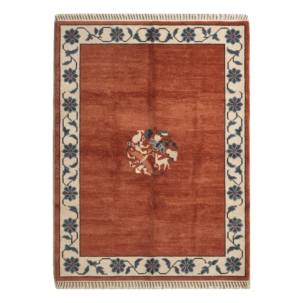 Rust Hand-Knotted Rug with Ivory Floral Vine Border and Roundel