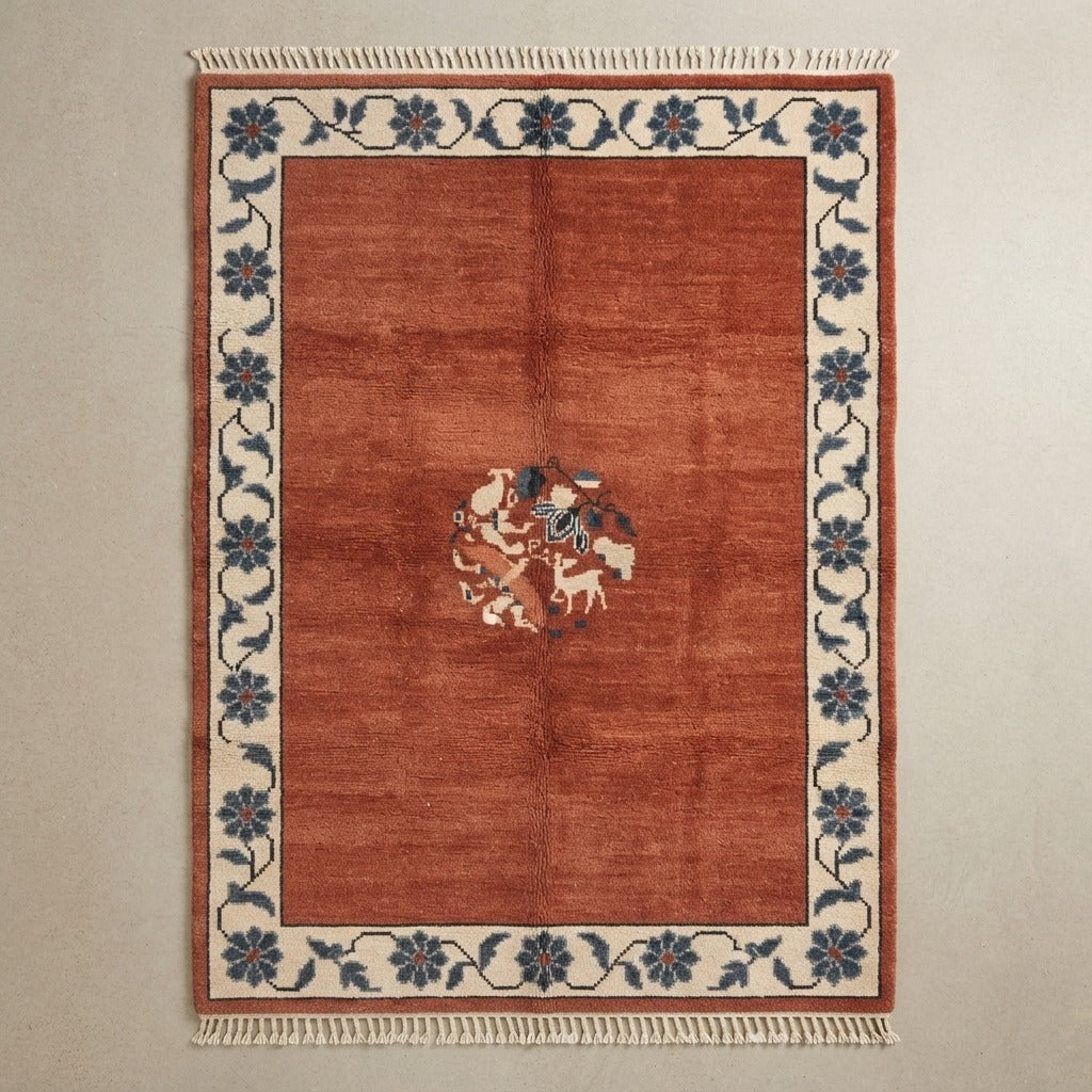 Rust Hand-Knotted Rug with Ivory Floral Vine Border and Roundel - studio photo