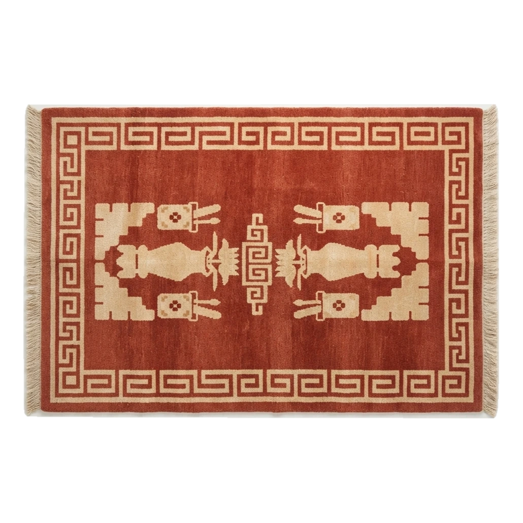 Rust Hand-Knotted Rug with Ivory Greek Key Border and Vase Motifs - alternate view