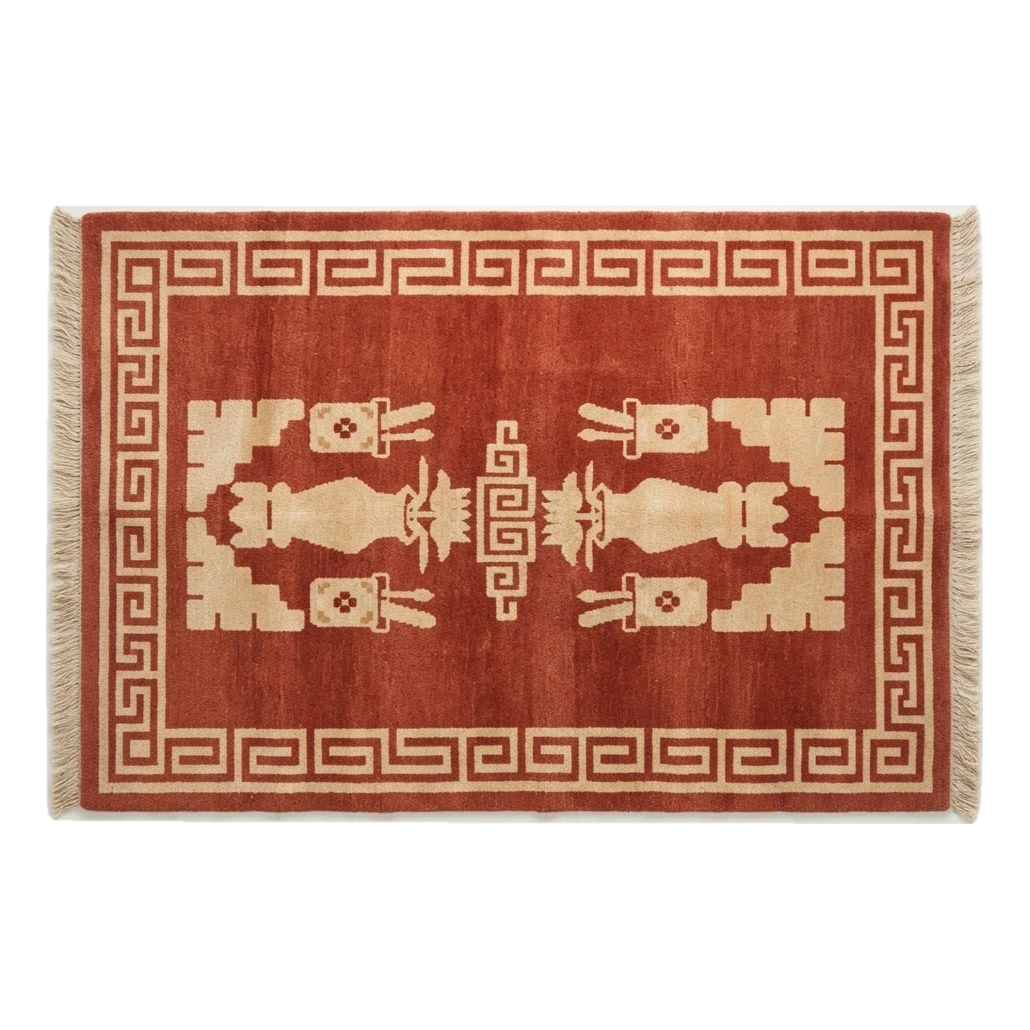 Rust Hand-Knotted Rug with Ivory Greek Key Border and Vase Motifs - alternate view
