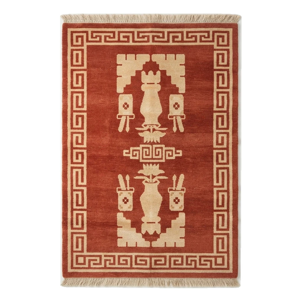 Rust Hand-Knotted Rug with Ivory Greek Key Border and Vase Motifs