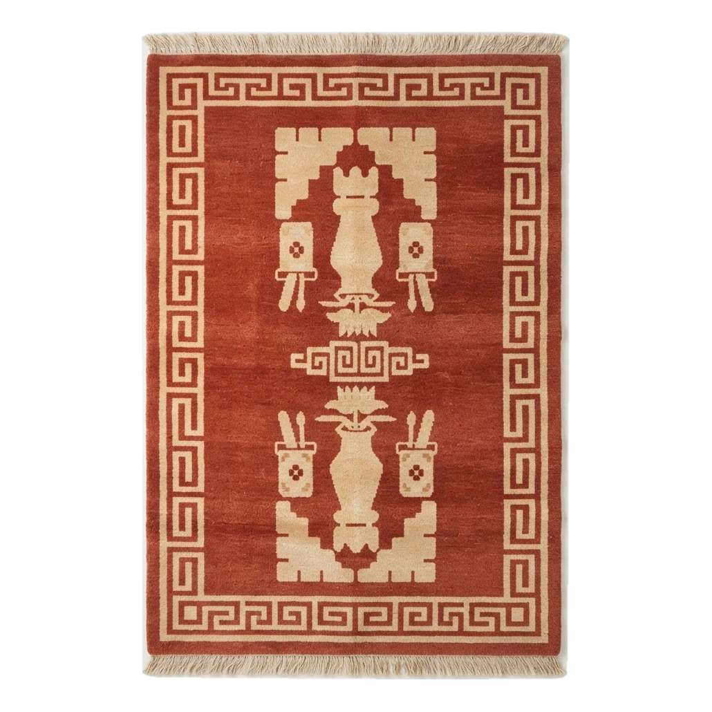 Rust Hand-Knotted Rug with Ivory Greek Key Border and Vase Motifs