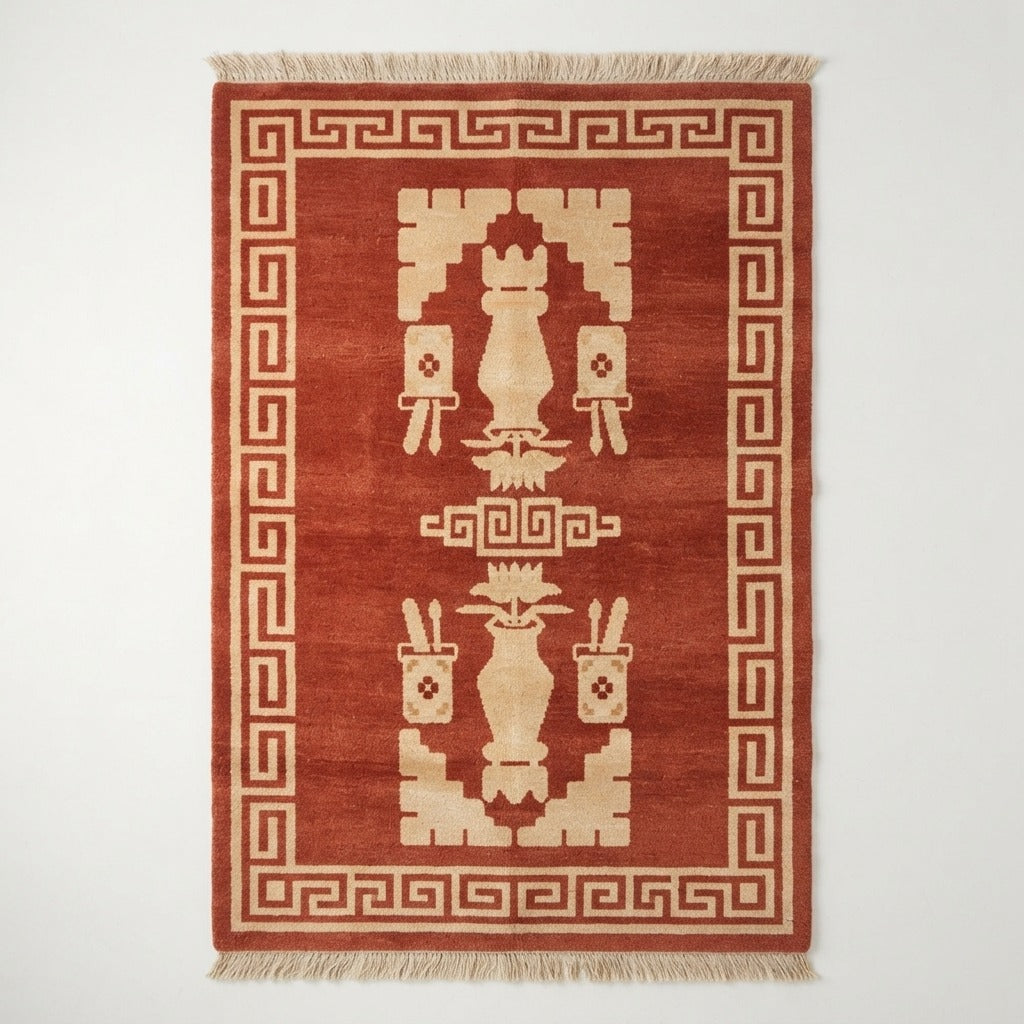 Rust Hand-Knotted Rug with Ivory Greek Key Border and Vase Motifs - studio photo