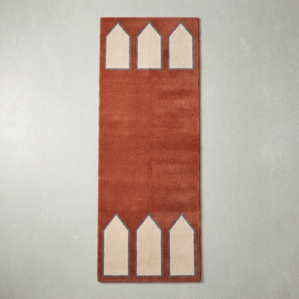 Rust Minimalist Hand-Tufted Runner with Ivory Arch Panels - studio photo
