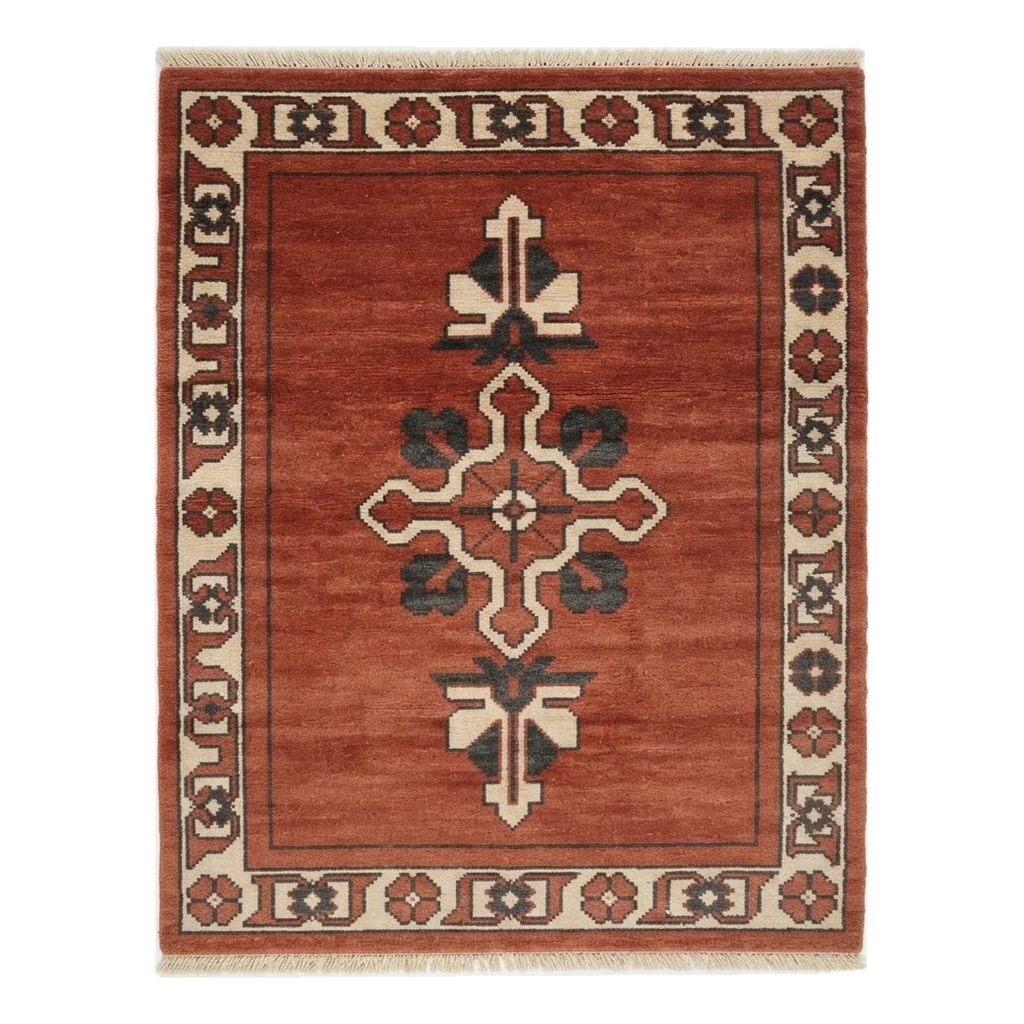 Rust Red Hand-Knotted Rug with Ivory Cross Medallion and Floral Border - alternate view