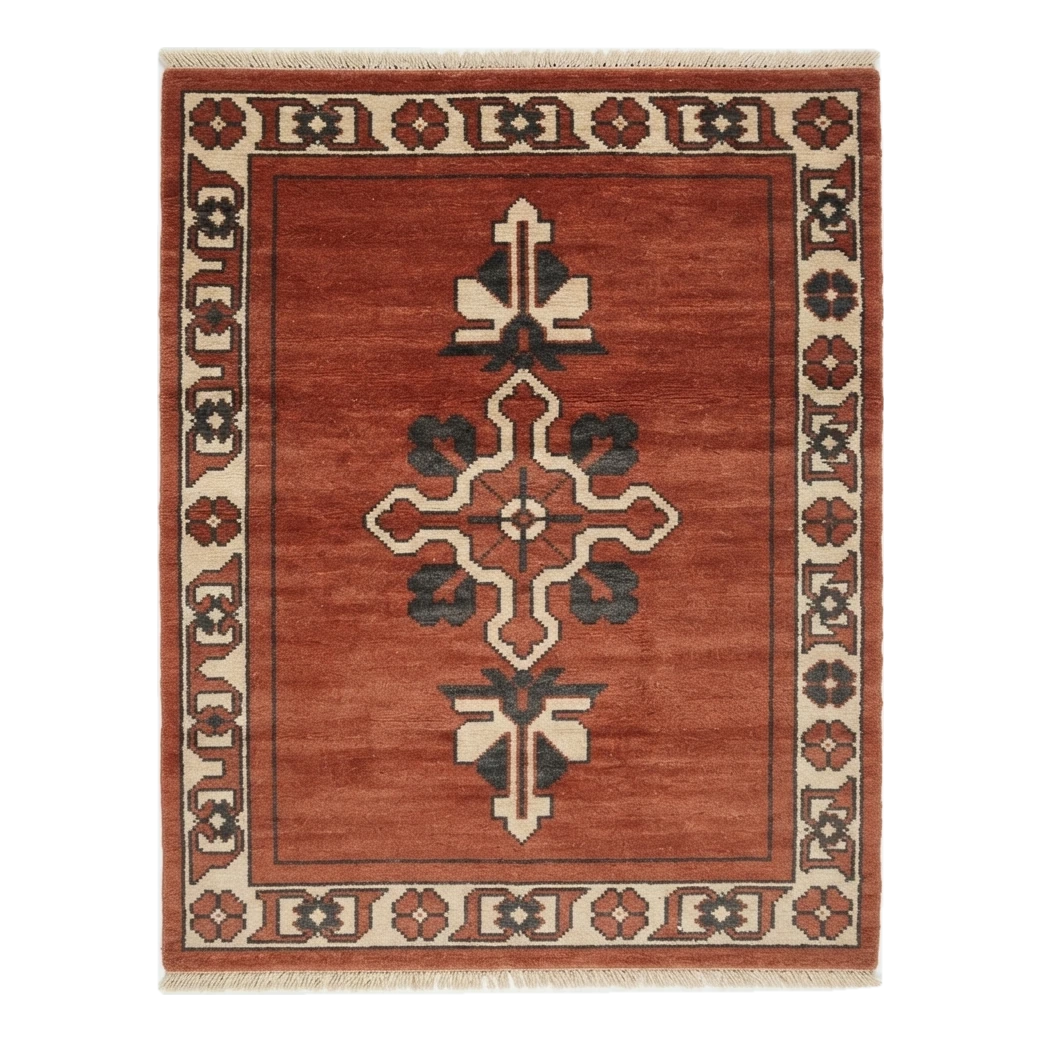 Rust Red Hand-Knotted Rug with Ivory Cross Medallion and Floral Border - alternate view