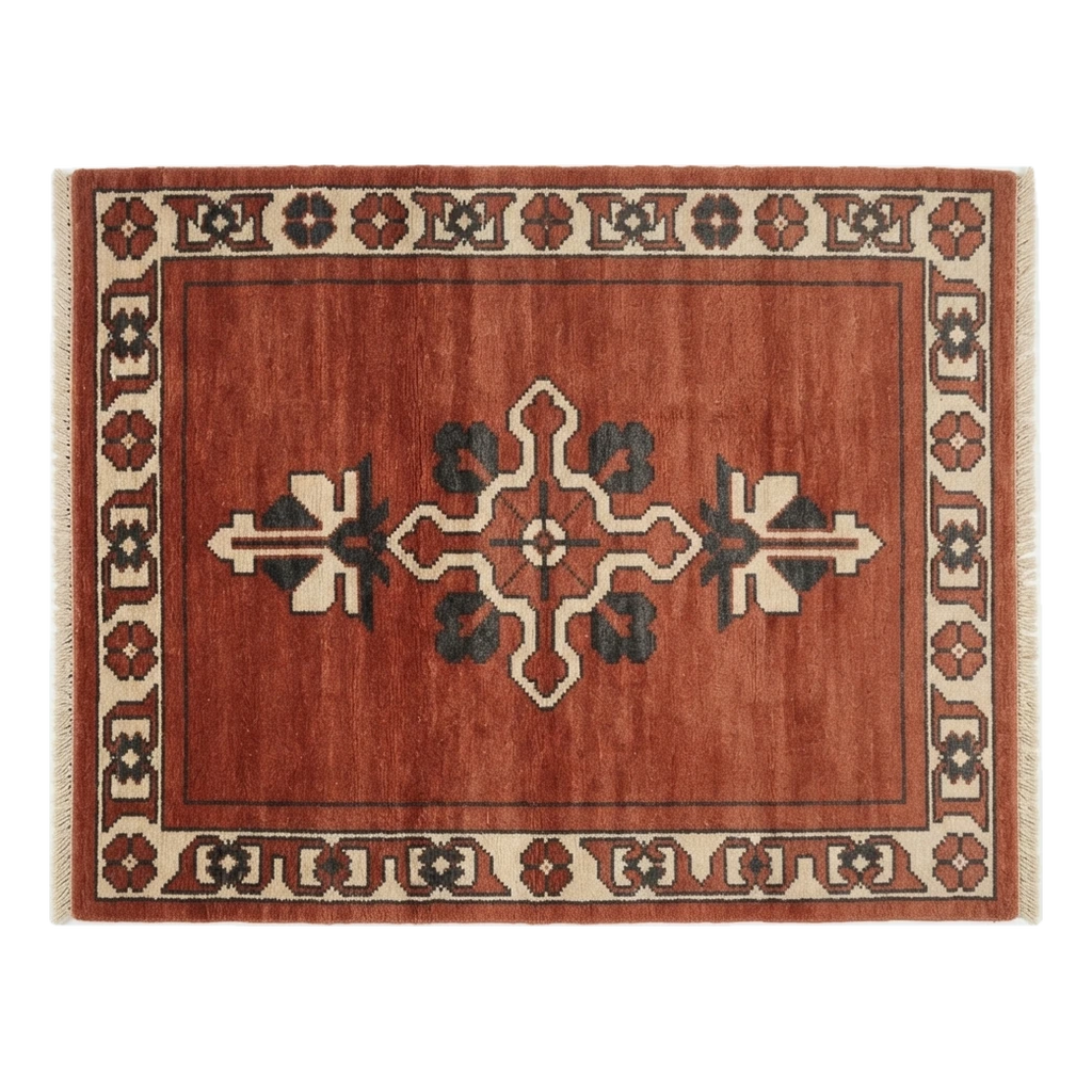 Rust Red Hand-Knotted Rug with Ivory Cross Medallion and Floral Border