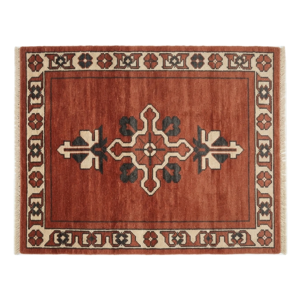 Rust Red Hand-Knotted Rug with Ivory Cross Medallion and Floral Border