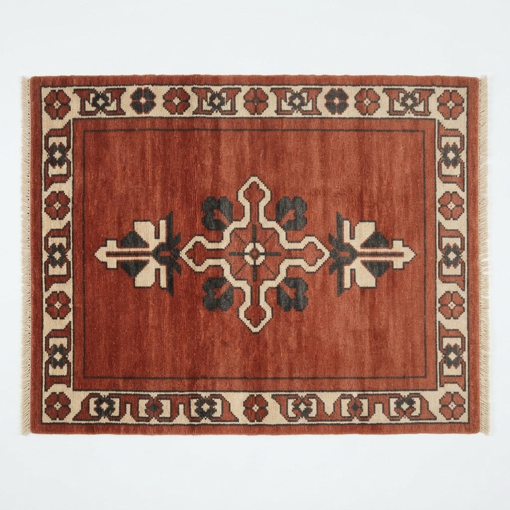 Rust Red Hand-Knotted Rug with Ivory Cross Medallion and Floral Border - studio photo