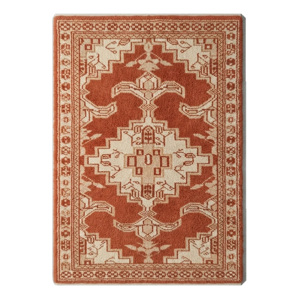 Rust Red Medallion Hand-Knotted Rug with Ivory Floral Border