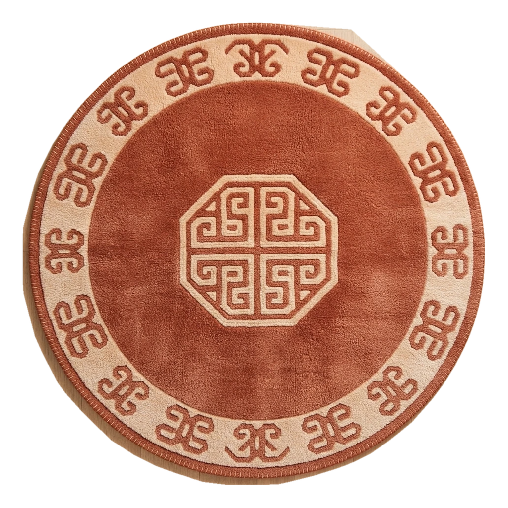 Rust Round Hand-Tufted Rug with Cream Chinese Art Deco Border - alternate view