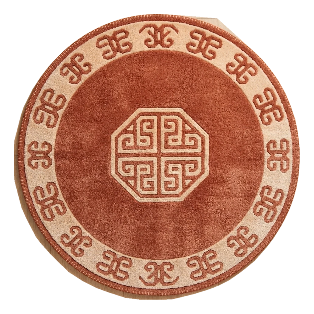 Rust Round Hand-Tufted Rug with Cream Chinese Art Deco Border - alternate view