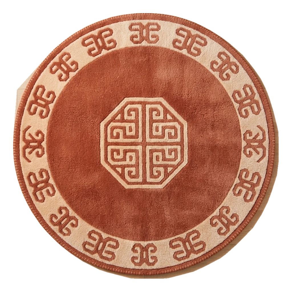 Rust Round Hand-Tufted Rug with Cream Chinese Art Deco Border