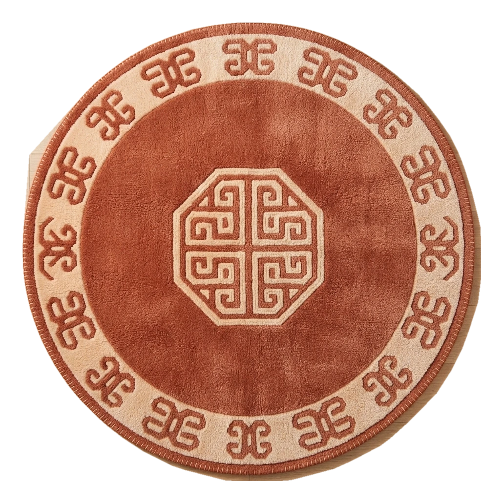 Rust Round Hand-Tufted Rug with Cream Chinese Art Deco Border