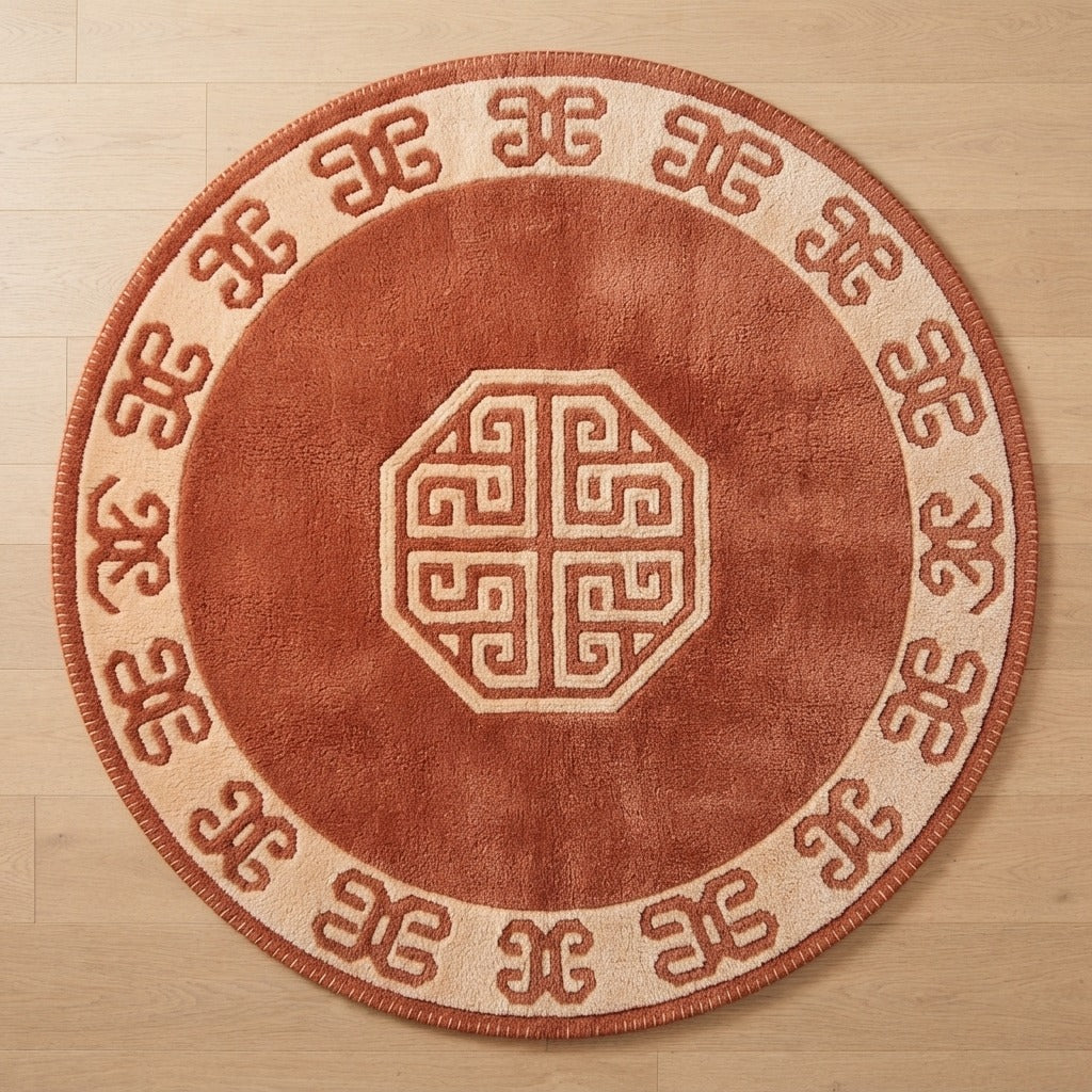 Rust Round Hand-Tufted Rug with Cream Chinese Art Deco Border - studio photo