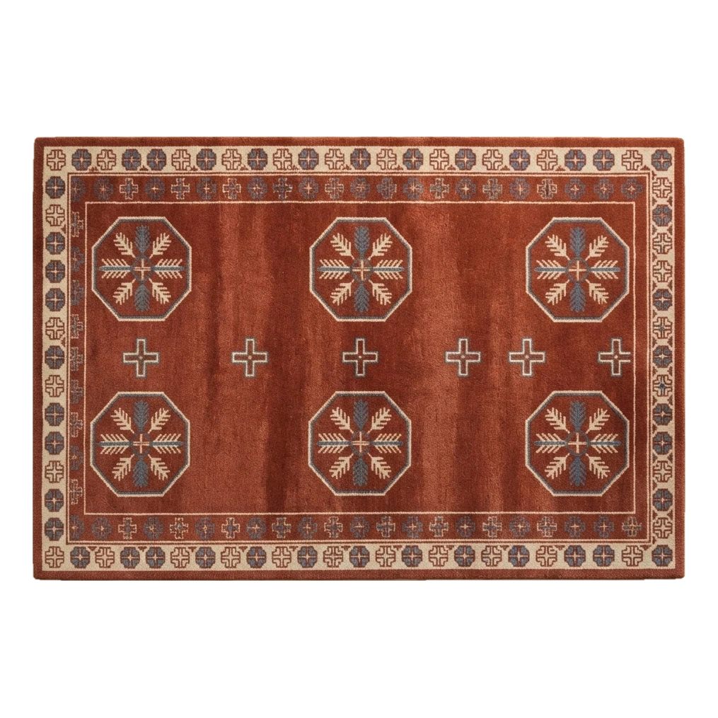 Rust Tribal Octagon Hand-Tufted Rug with Ivory Snowflake Motifs - alternate view