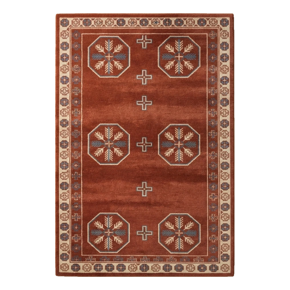 Rust Tribal Octagon Hand-Tufted Rug with Ivory Snowflake Motifs