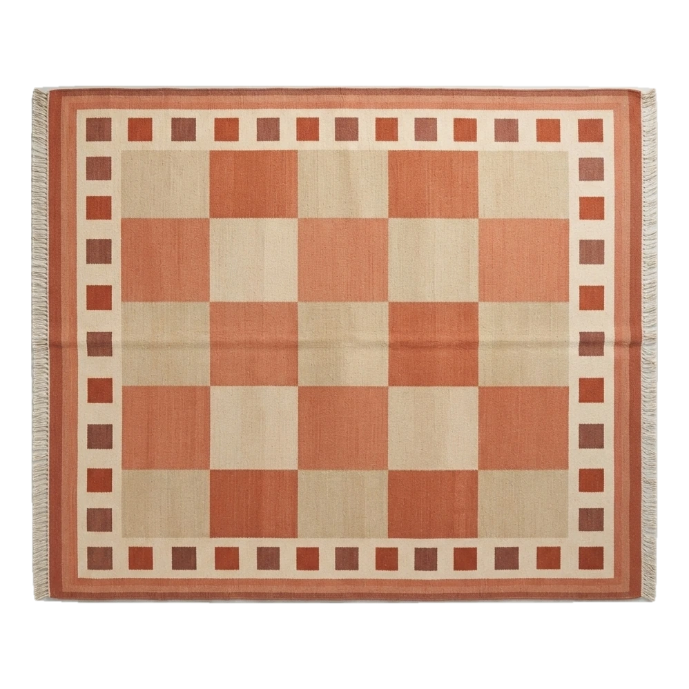 Rust and Beige Checkerboard Cotton Flat Weave Rug with Block Border - alternate view
