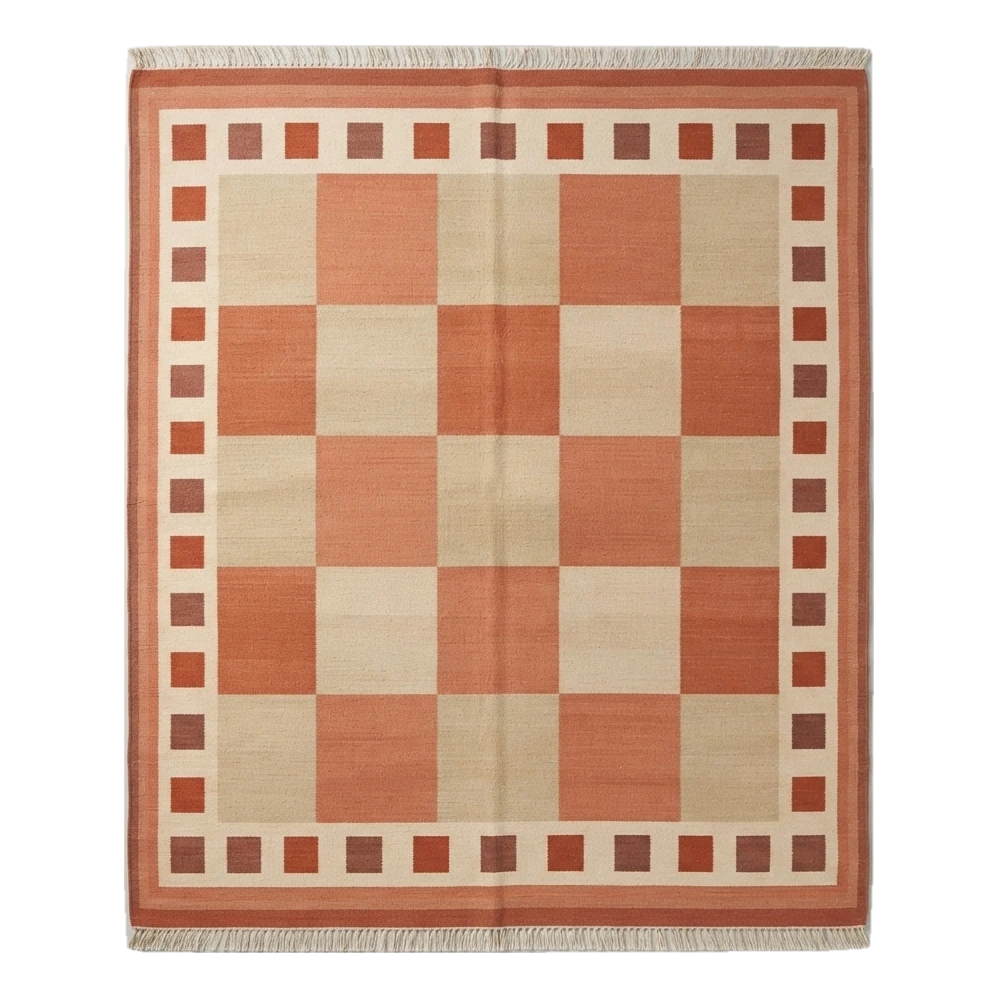Rust and Beige Checkerboard Cotton Flat Weave Rug with Block Border