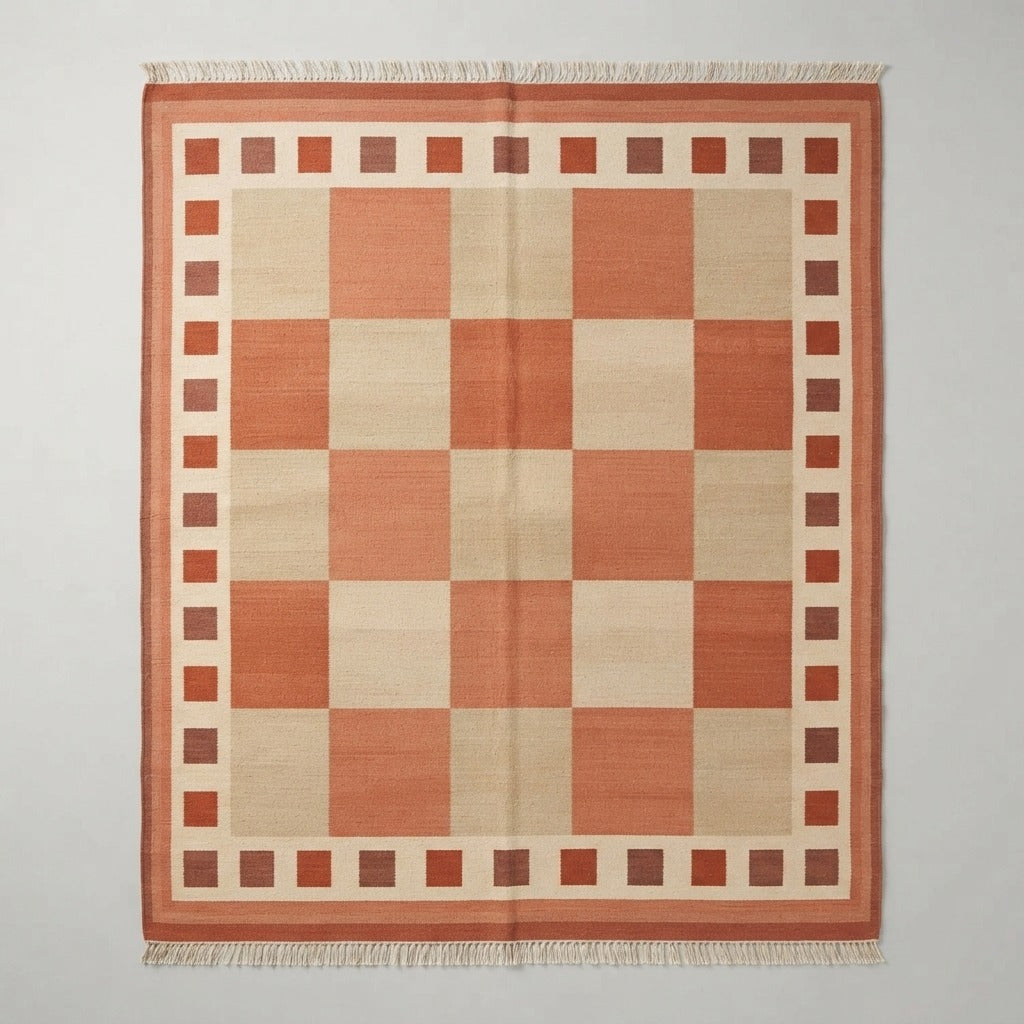 Rust and Beige Checkerboard Cotton Flat Weave Rug with Block Border - studio photo