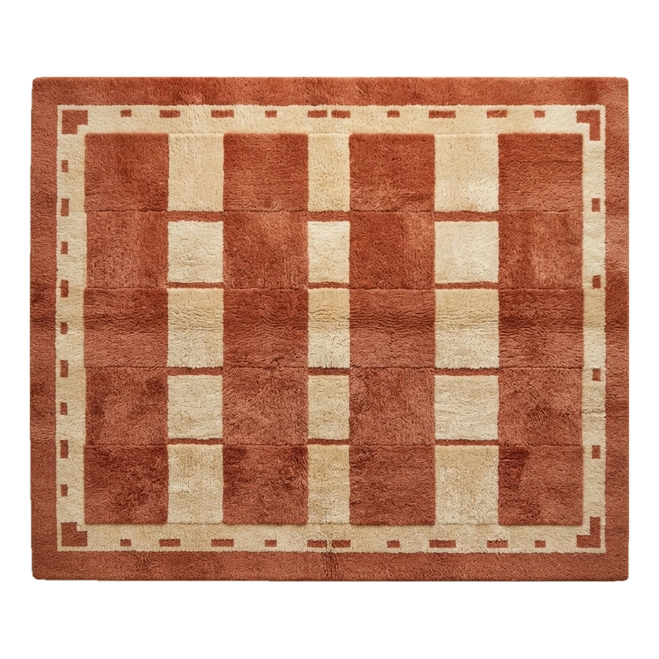 Rust and Cream Checkerboard Moroccan Shag Rug with Dashed Border - alternate view