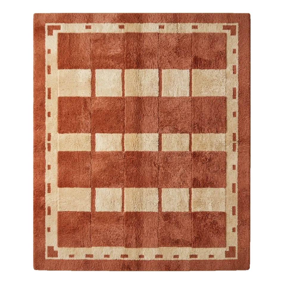 Rust and Cream Checkerboard Moroccan Shag Rug with Dashed Border