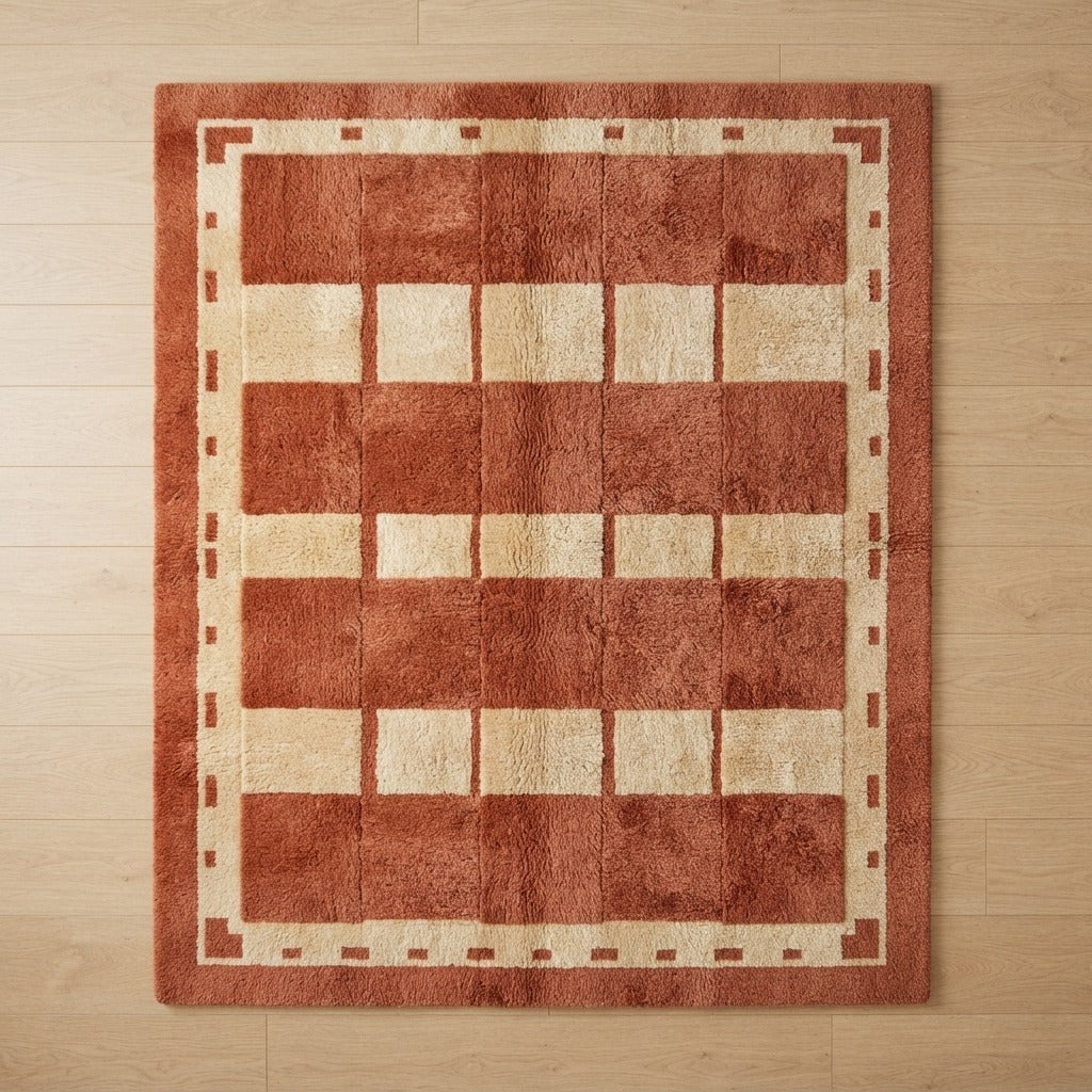 Rust and Cream Checkerboard Moroccan Shag Rug with Dashed Border - studio photo