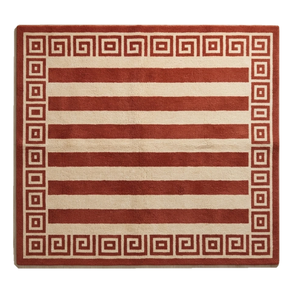 Rust and Cream Striped Hand-Tufted Rug with Greek Key Border - alternate view