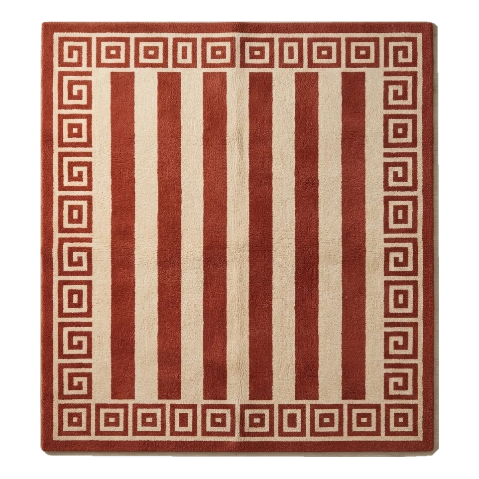 Rust and Cream Striped Hand-Tufted Rug with Greek Key Border