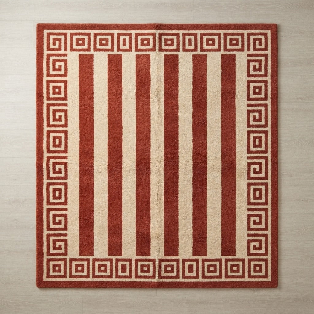 Rust and Cream Striped Hand-Tufted Rug with Greek Key Border - studio photo