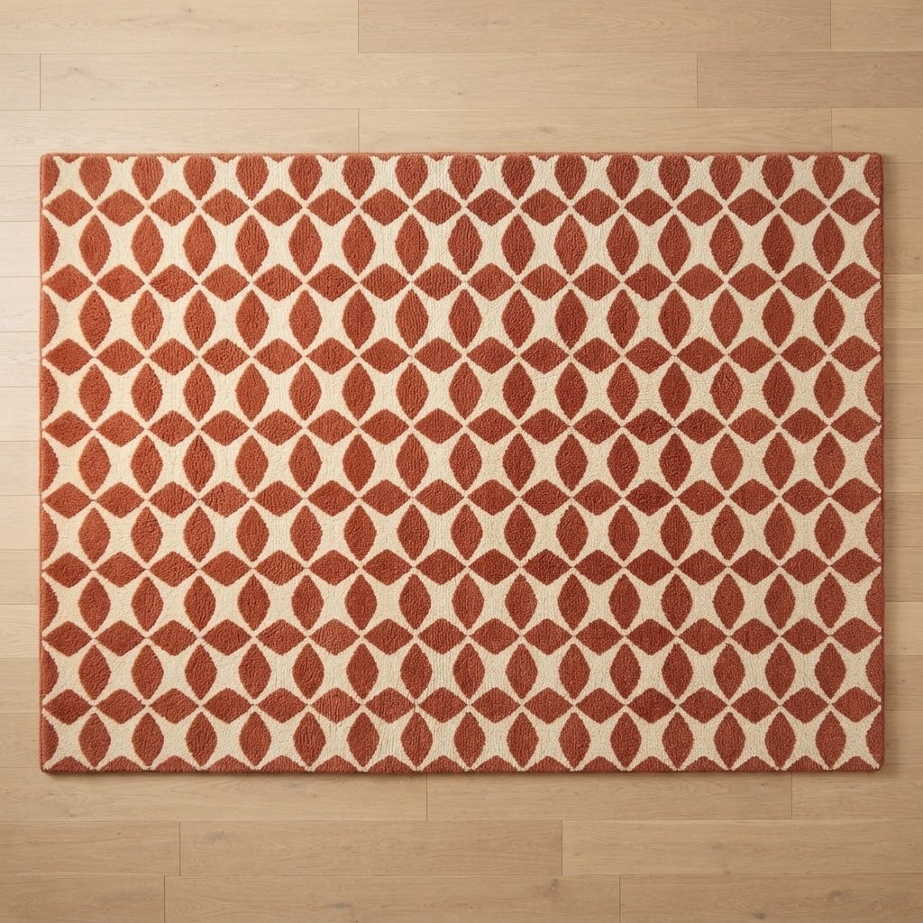 Rust and Ivory Ogee Lattice Hand-Tufted Rug - studio photo