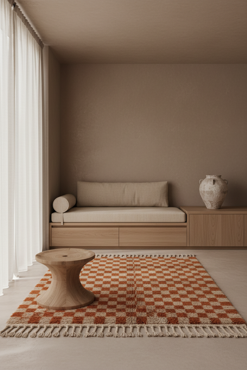 A styled interior scene showing a woven area rug with a rust-orange and cream checkerboard pattern and fringe, placed in front of a light wood daybed and side table in a minimalist room.