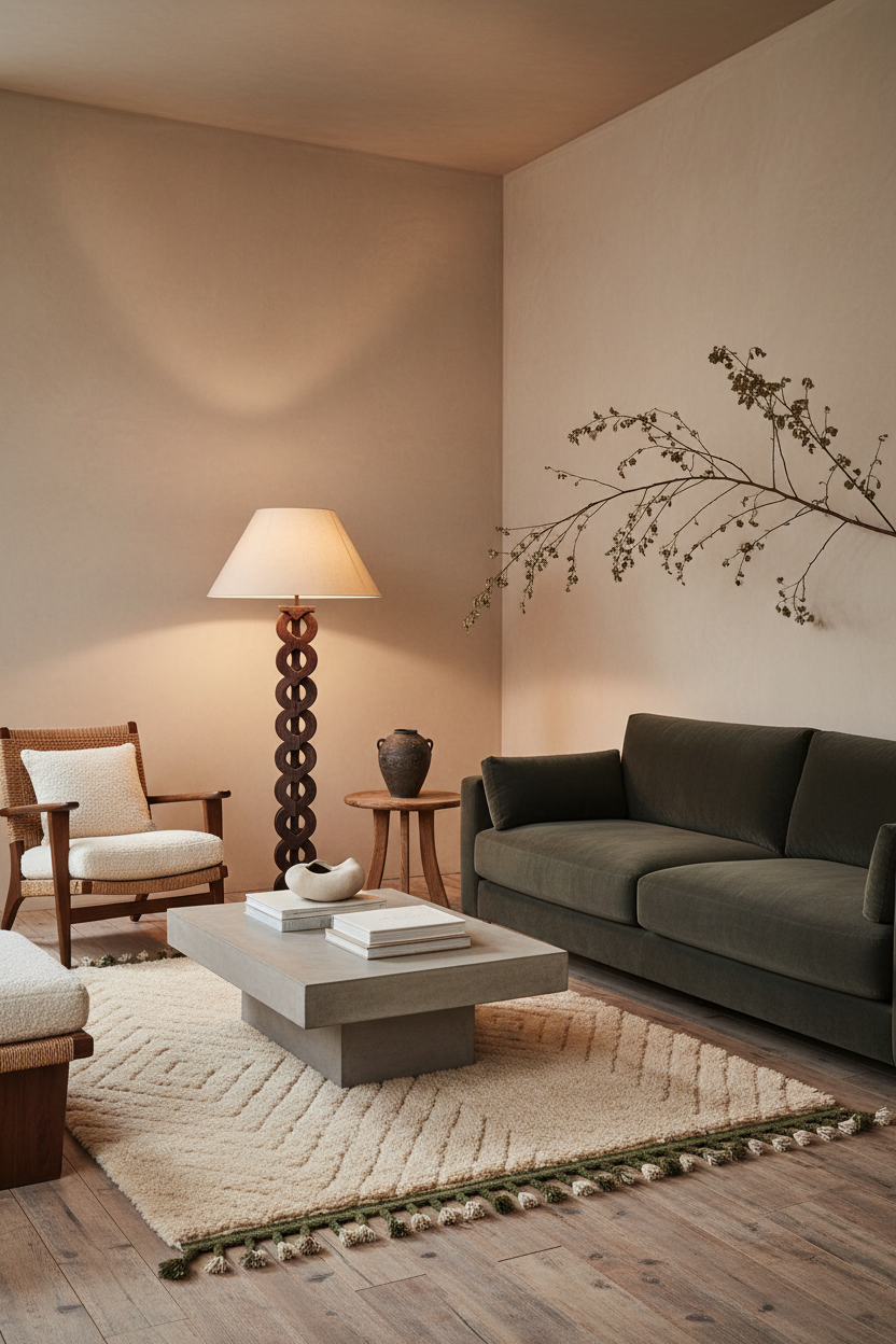 A styled living room interior featuring a dark olive green fabric sofa, a modern low concrete coffee table, a cream woven rug with fringe, a tall sculptural floor lamp, and a wooden armchair against warm beige walls.