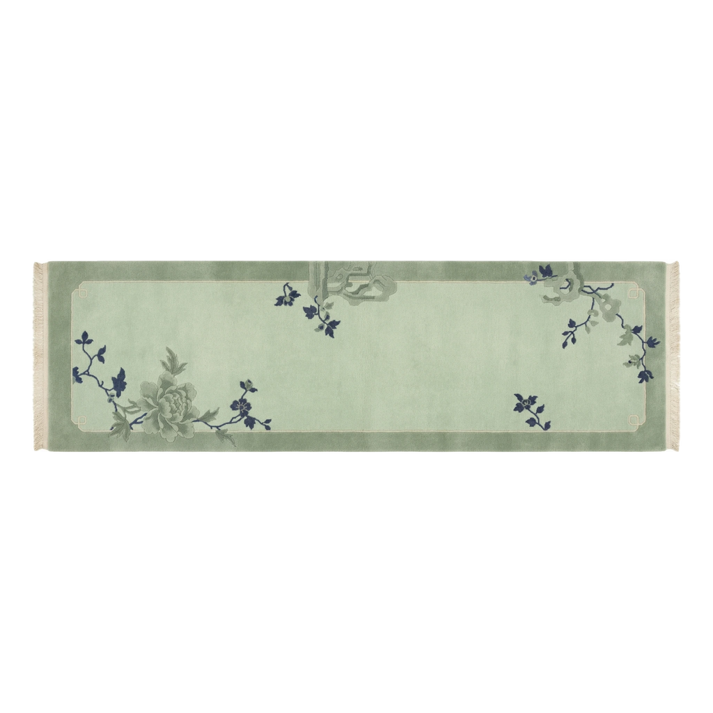 Sage Green Chinese Art Deco Hand-Knotted Runner with Navy Blossoms - alternate view