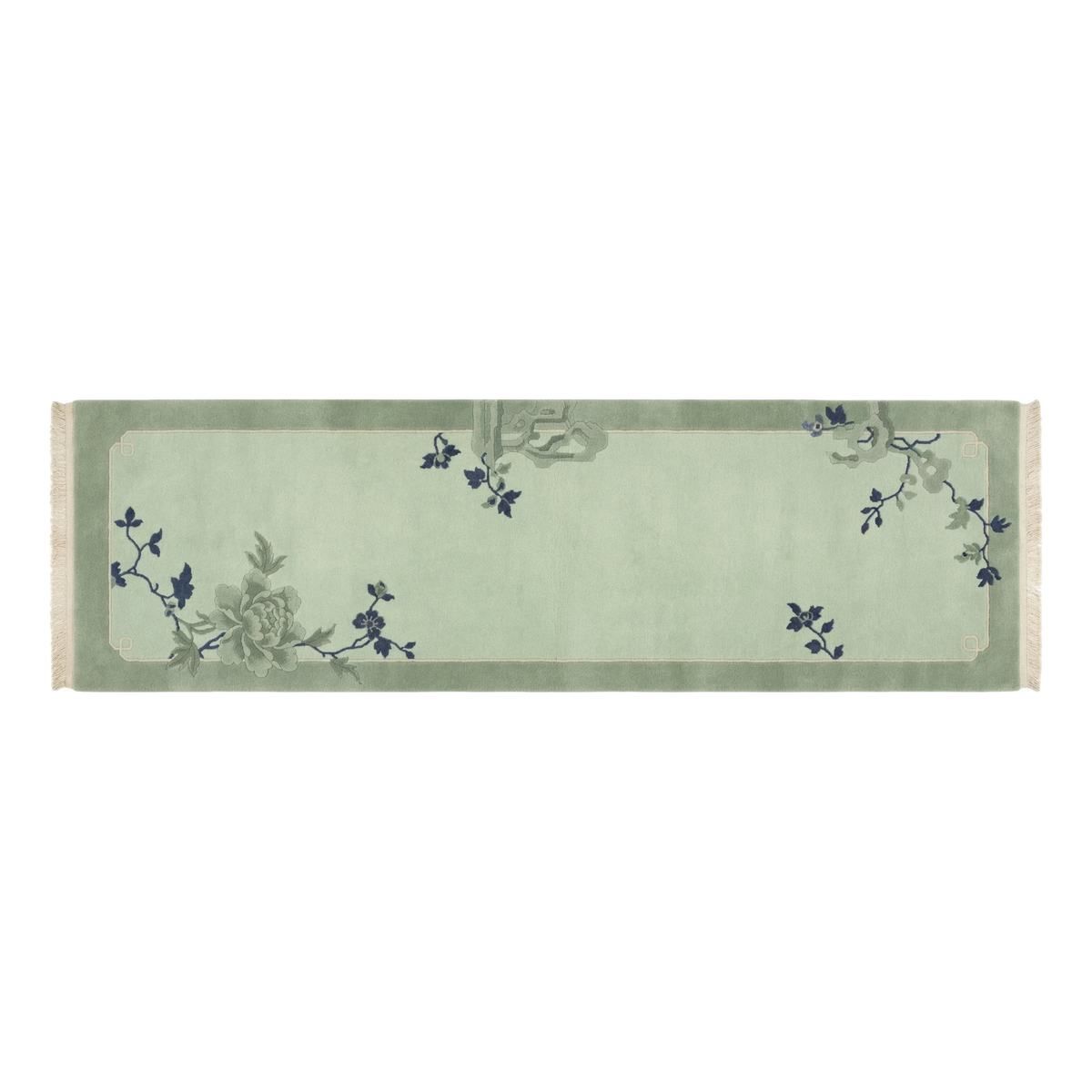 Sage Green Chinese Art Deco Hand-Knotted Runner with Navy Blossoms - alternate view