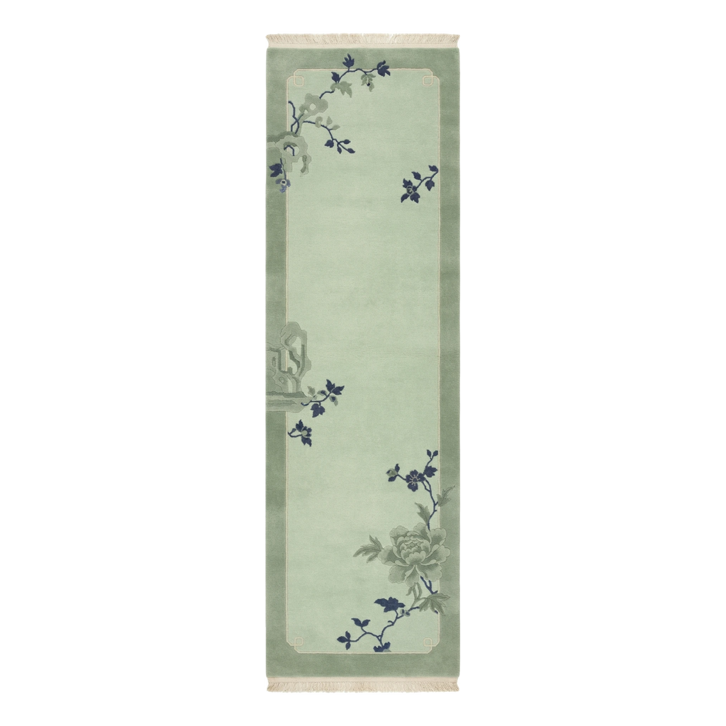Sage Green Chinese Art Deco Hand-Knotted Runner with Navy Blossoms