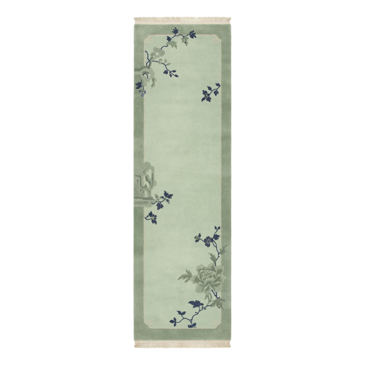Sage Green Chinese Art Deco Hand-Knotted Runner with Navy Blossoms