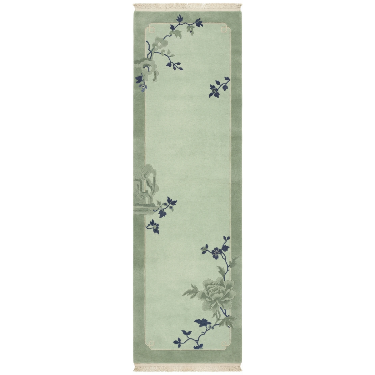 Sage Green Chinese Art Deco Hand-Knotted Runner with Navy Blossoms - studio photo