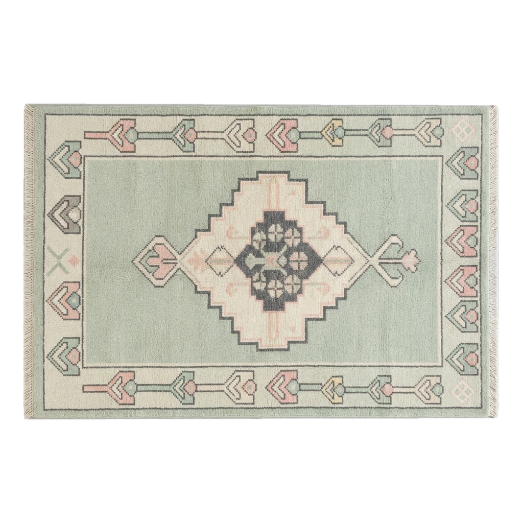 Sage Green Hand-Knotted Rug with Blush Medallion and Tulip Border - alternate view