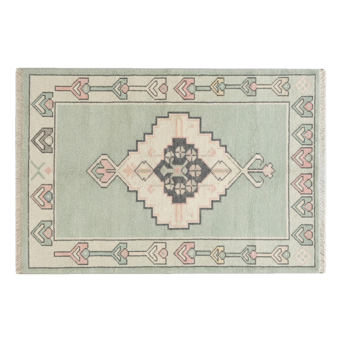 Sage Green Hand-Knotted Rug with Blush Medallion and Tulip Border - alternate view