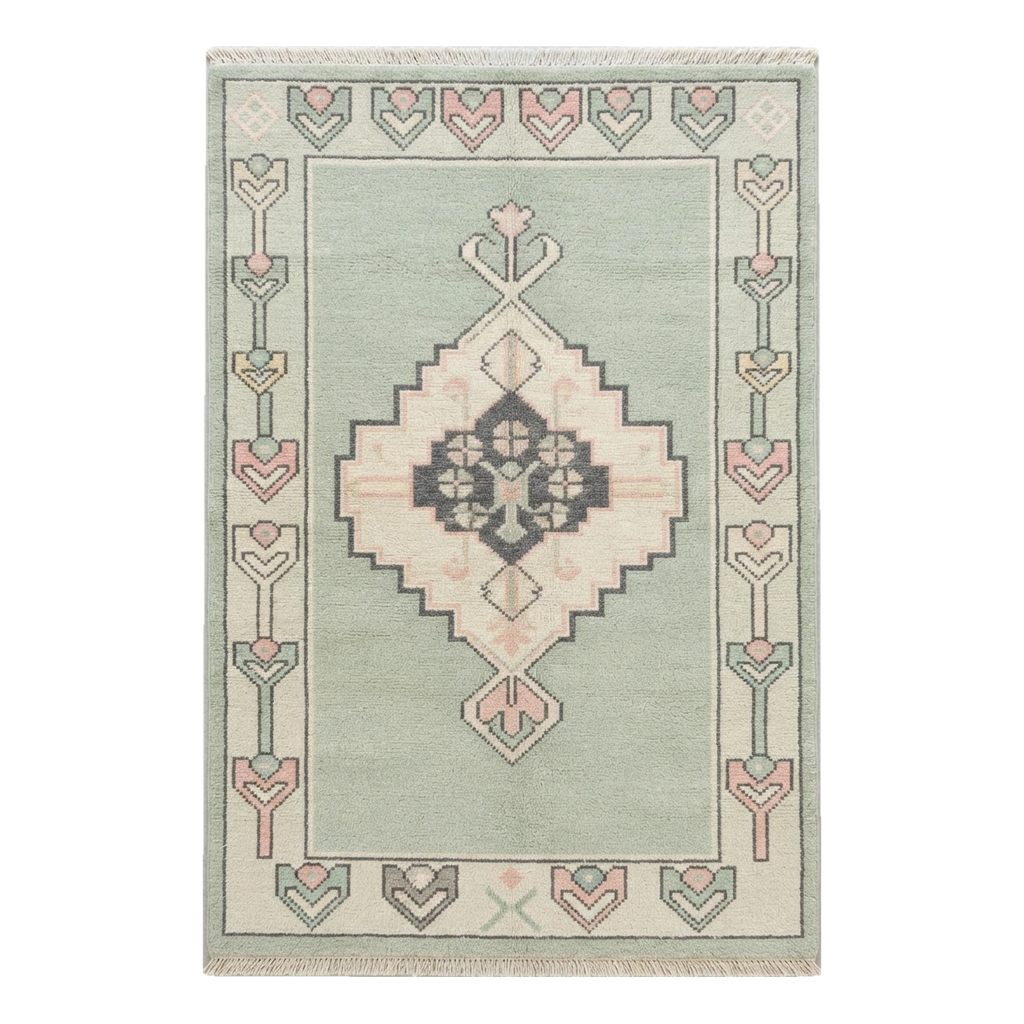 Sage Green Hand-Knotted Rug with Blush Medallion and Tulip Border