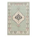 Sage Green Hand-Knotted Rug with Blush Medallion and Tulip Border