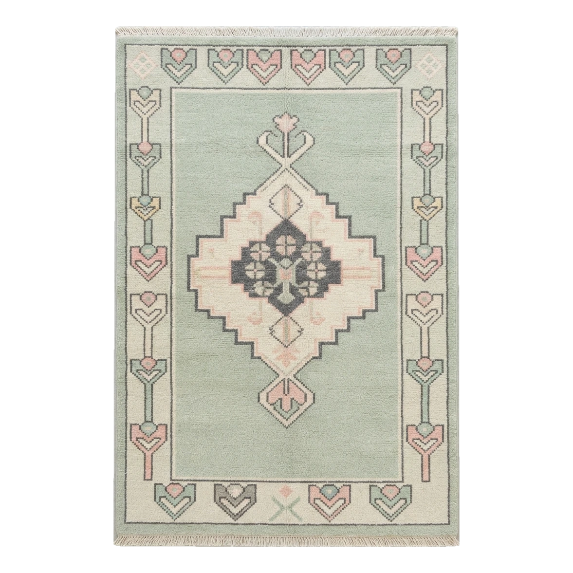 Sage Green Hand-Knotted Rug with Blush Medallion and Tulip Border