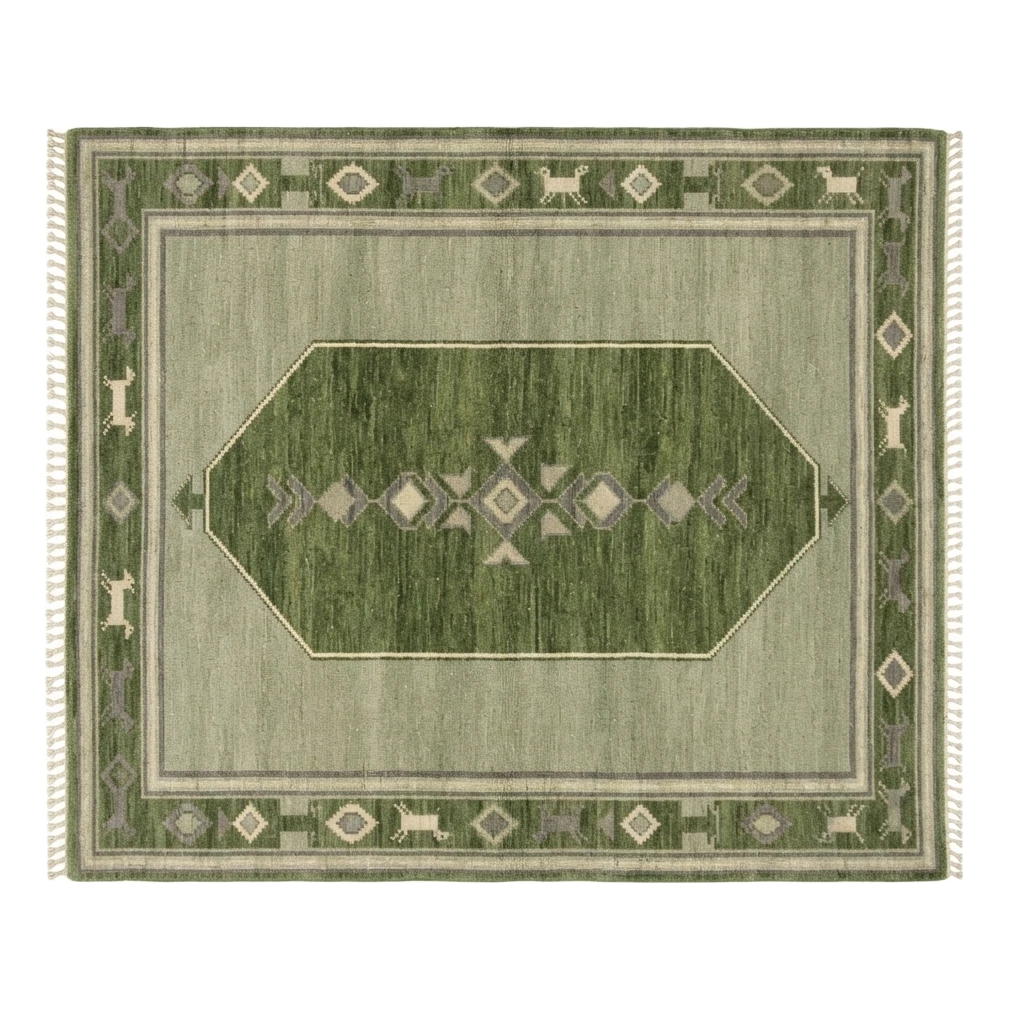 Sage Green Hand-Knotted Rug with Forest Green Octagon and Animal Border - alternate view
