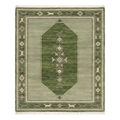 Sage Green Hand-Knotted Rug with Forest Green Octagon and Animal Border