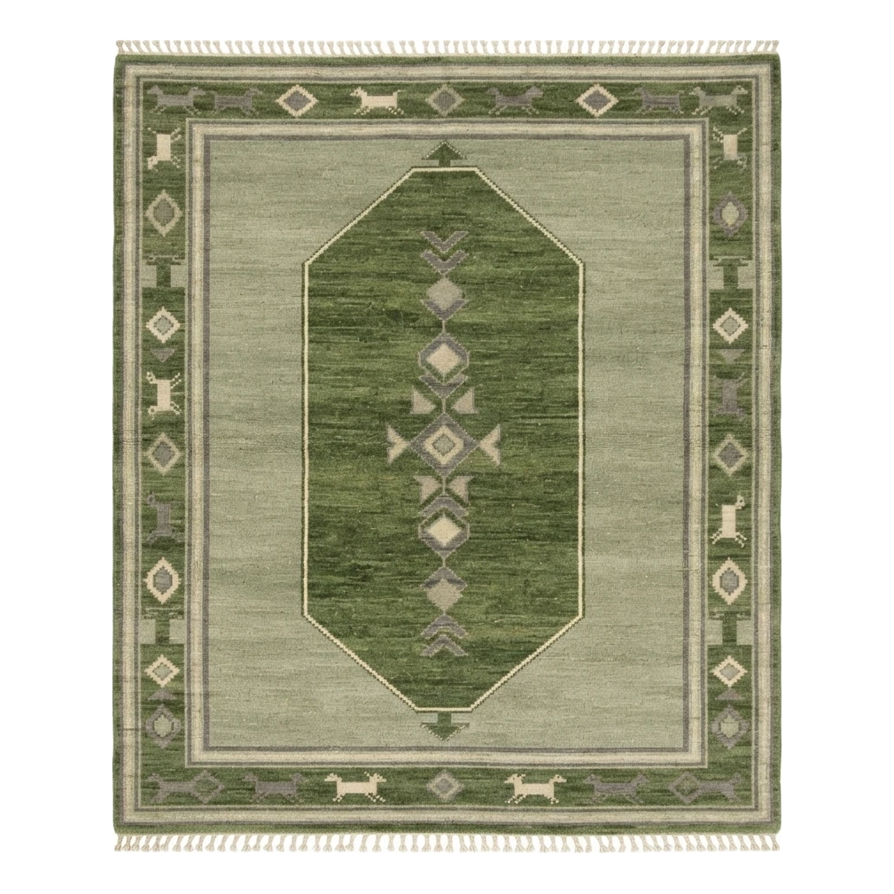 Sage Green Hand-Knotted Rug with Forest Green Octagon and Animal Border