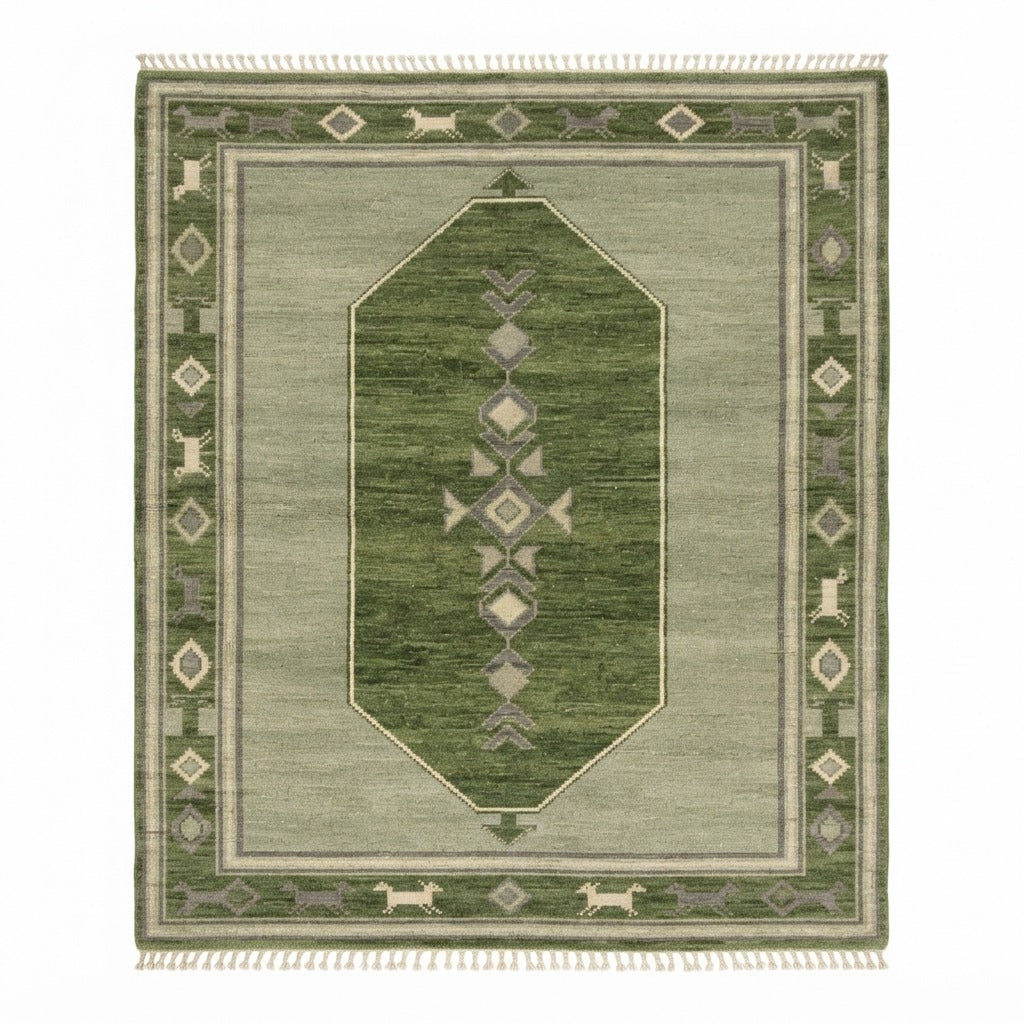 Sage Green Hand-Knotted Rug with Forest Green Octagon and Animal Border - studio photo
