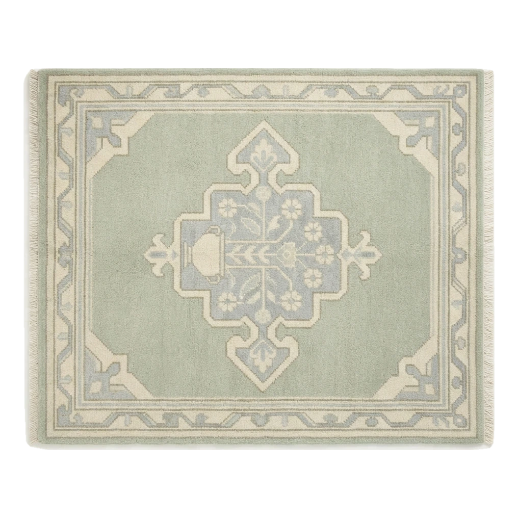 Sage Green Square Hand-Knotted Rug with Ivory Vase Medallion - alternate view